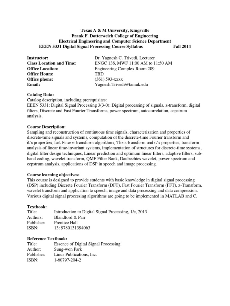 EEEN 5331 Digital Signal Processing Course Syllabus PDF Digital