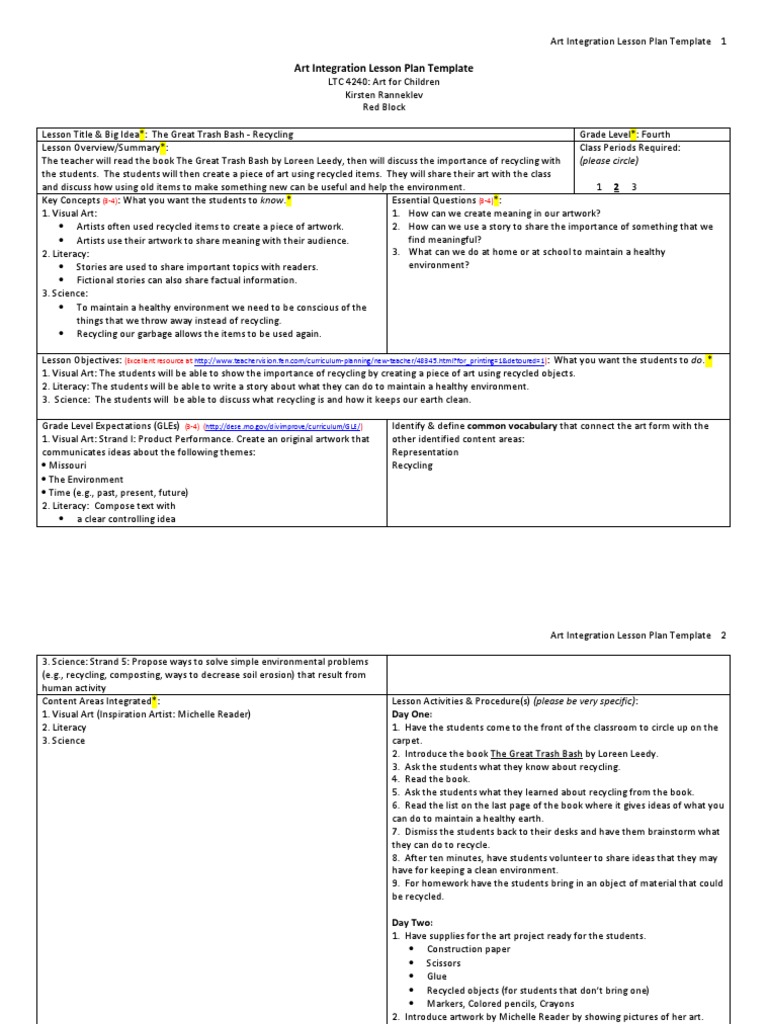Art - Integrated Lesson Plan Final Project | PDF | Lesson Plan | Recycling