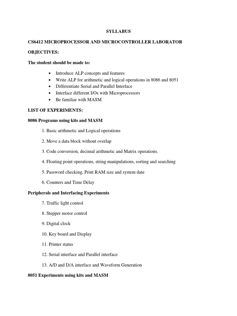 Microprocessor Lab Syllabus and Experiments | PDF | Assembly Language ...