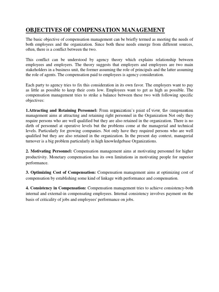 Objectives of Compensation Management PDF Employment Salary