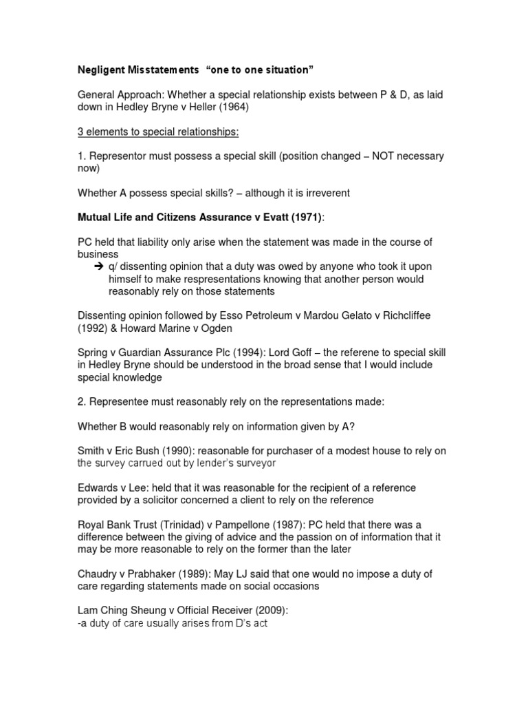 Negligent Misstatements Misrepresentation In English Law Negligence