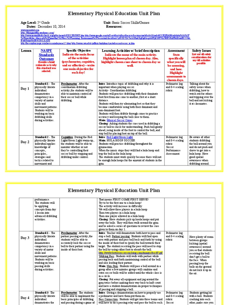 soccer unit plan Physical Education Educational Assessment