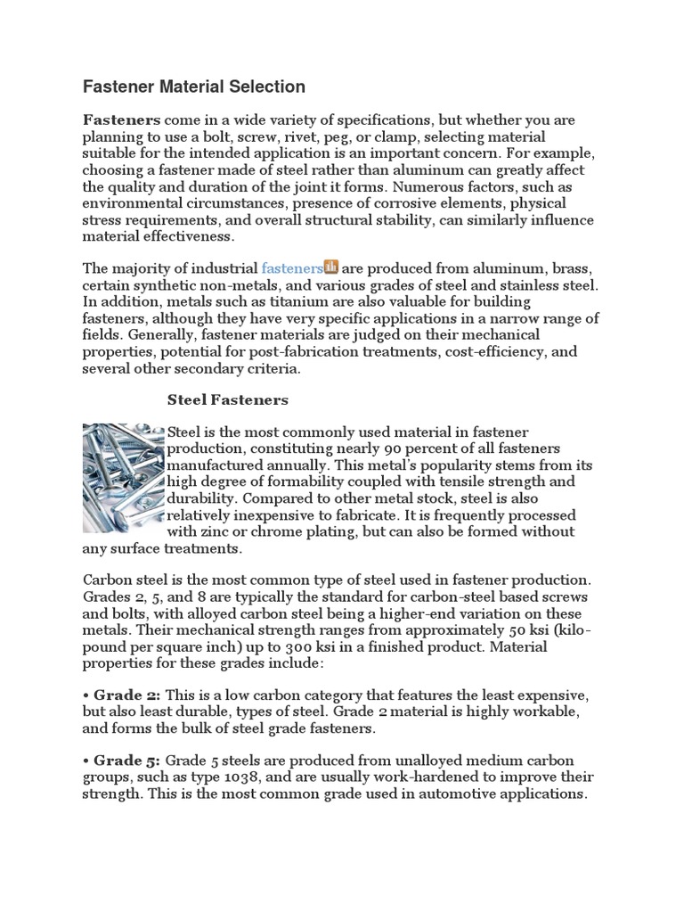 Fastener Material Selection PDF Steel Stainless Steel