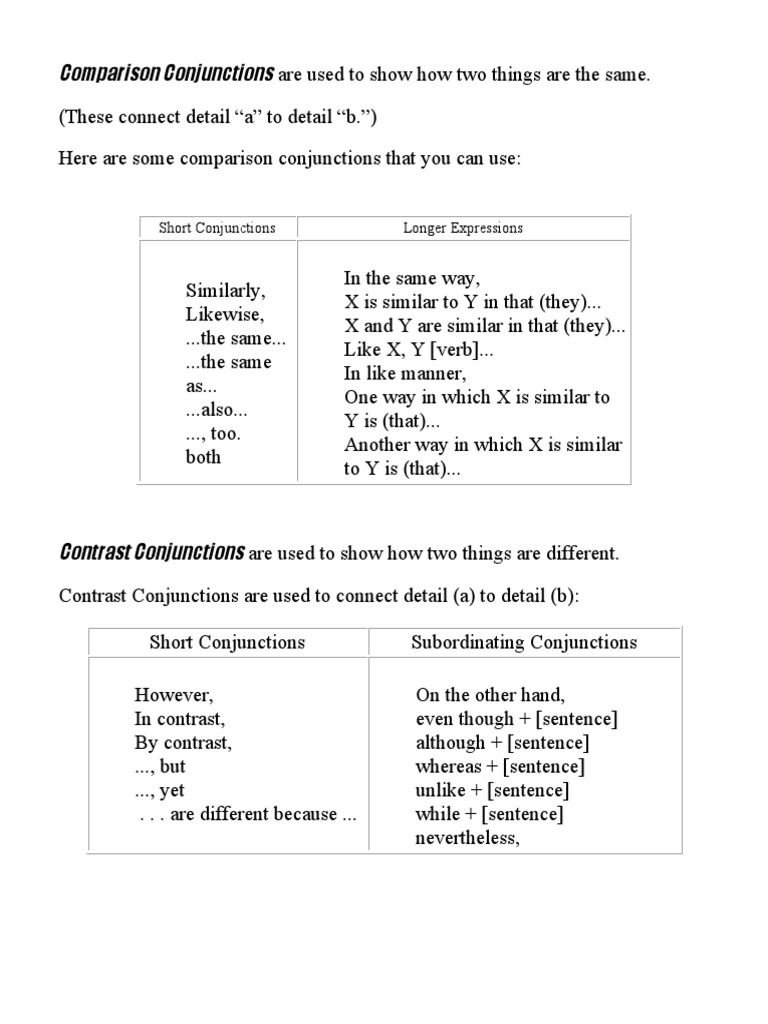 Comparison and Contrast Conjunctions | PDF