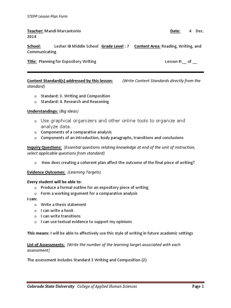 expository lesson plan | Lesson Plan | Educational Assessment