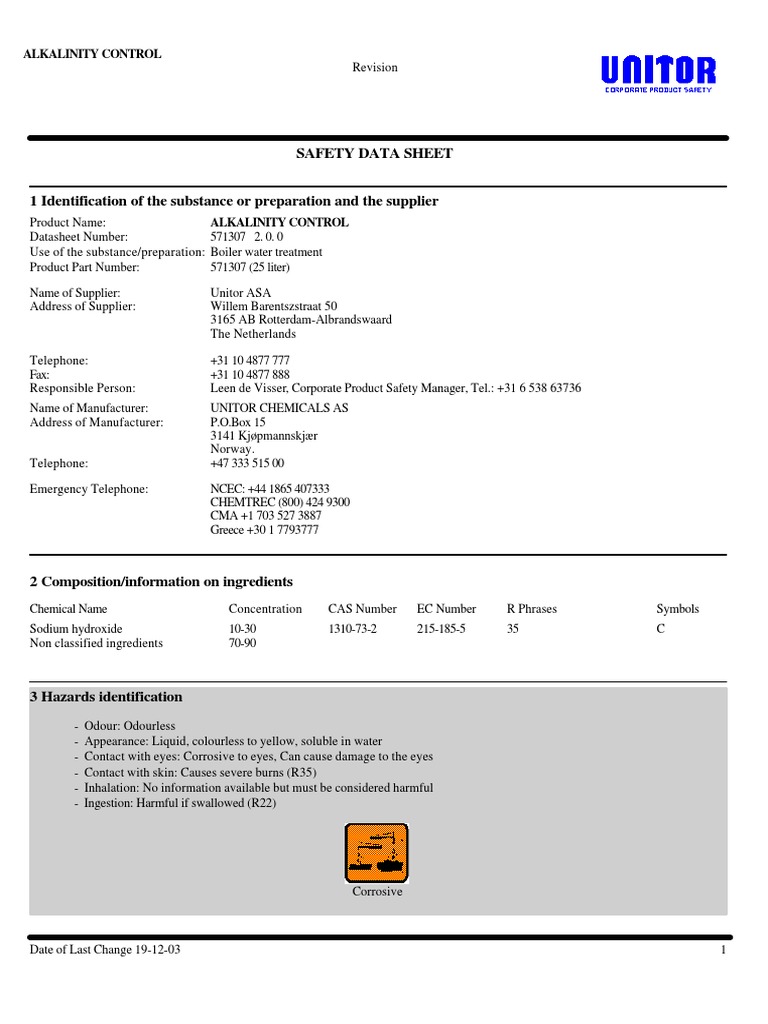 Alkalinity Control Dangerous Goods Water