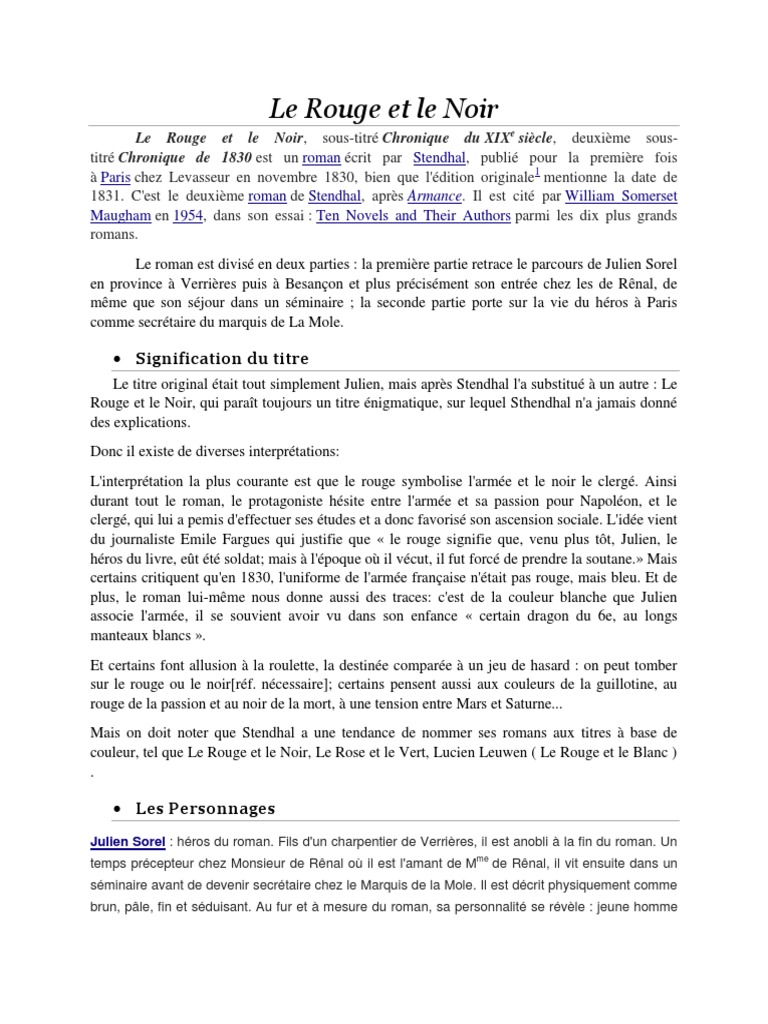 Résumé Chapitre Par Chapitre Le Rouge Et Le Noir