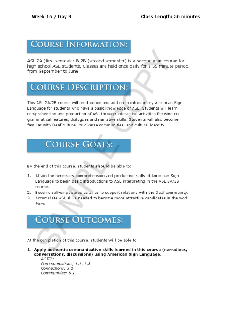 ASL 2A/2B Week 16 Lesson Plan | PDF | American Sign Language | Lesson Plan