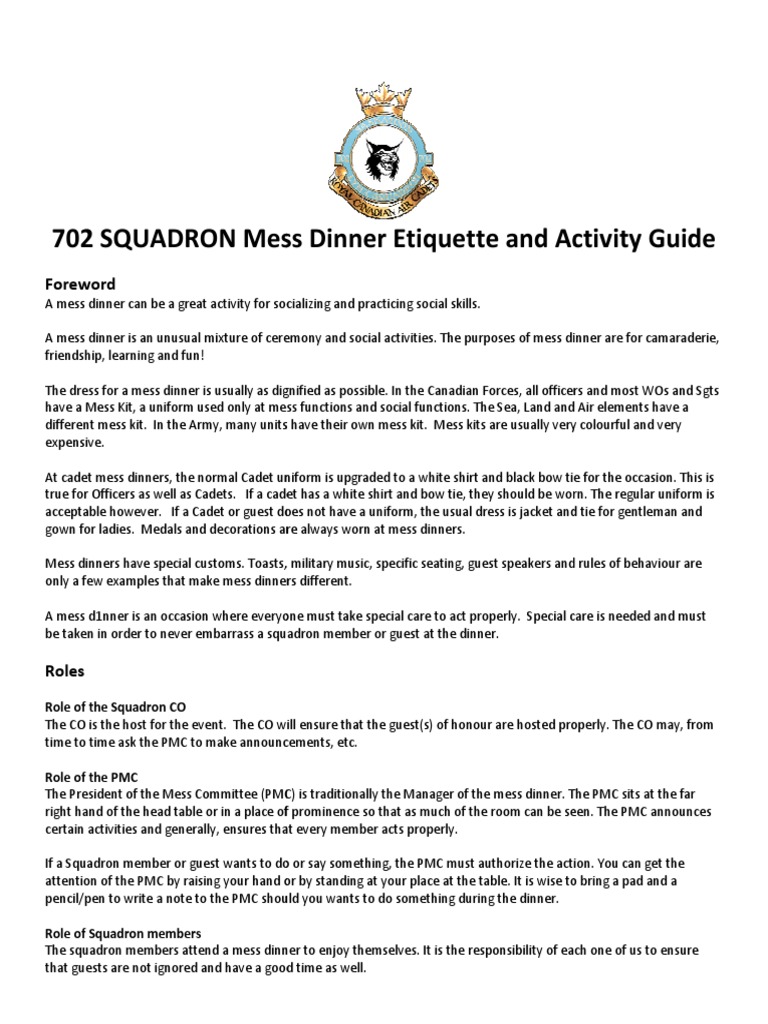 702 Squadron Mess Dinner Etiquette Guide | PDF | Cooking, Food & Wine