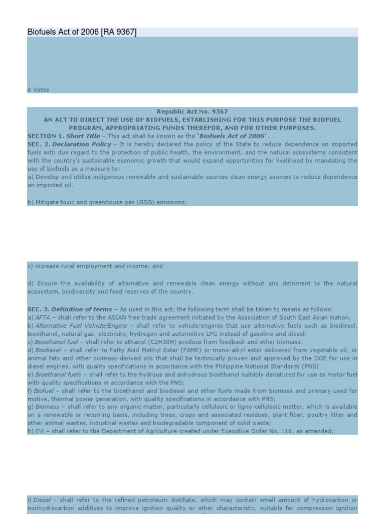 Biofuels Act of 2006 (RA 9367) | PDF | Biofuel | Biodiesel