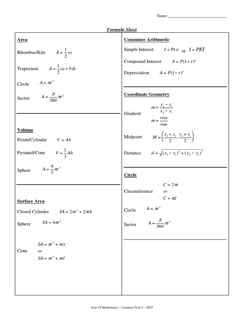 Year 10 Math Formula Sheet 2014 | PDF