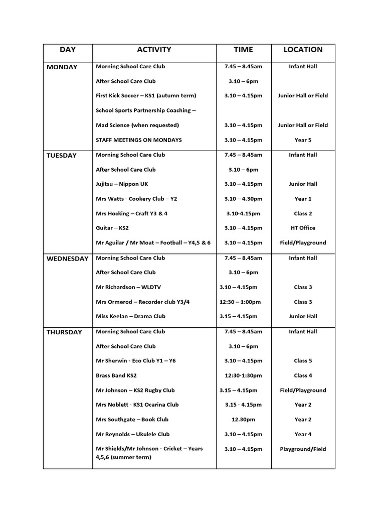 Clubs Timetable | PDF