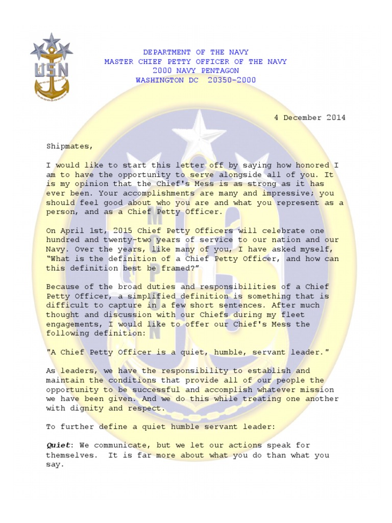 MCPON Letter to the CPO Mess Armed Conflict