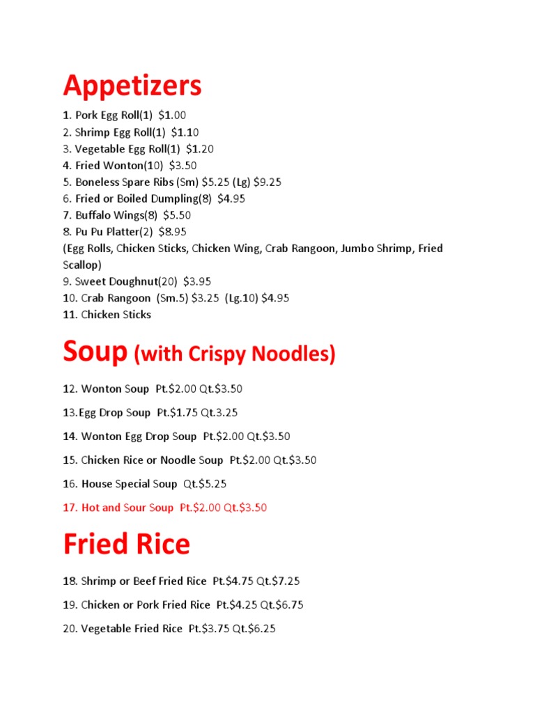 Mrs. Chan's Appetizer Menu | PDF | Cooking, Food & Wine
