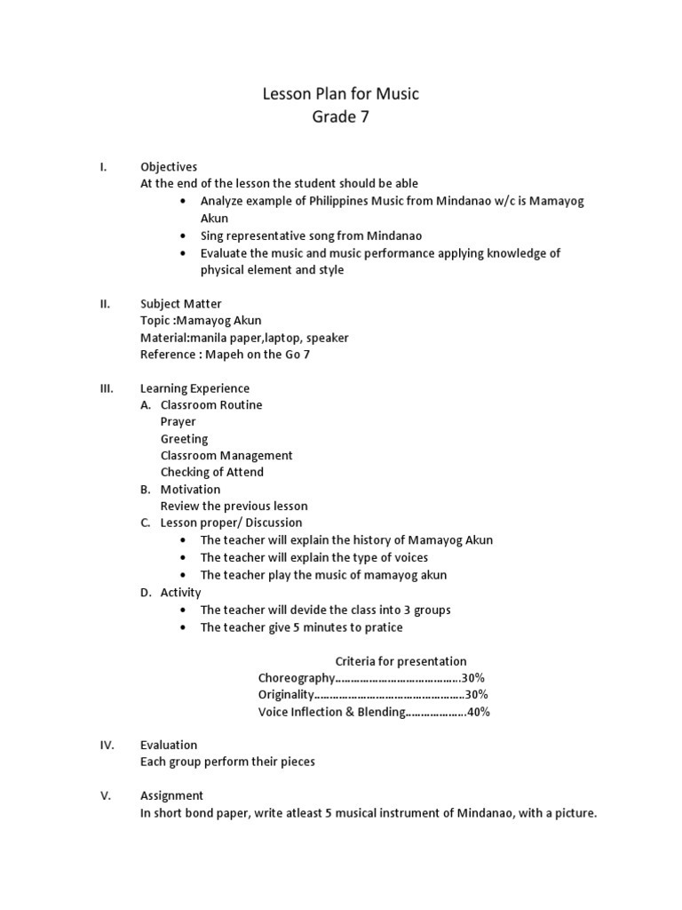 Lesson Plan For Music PDF