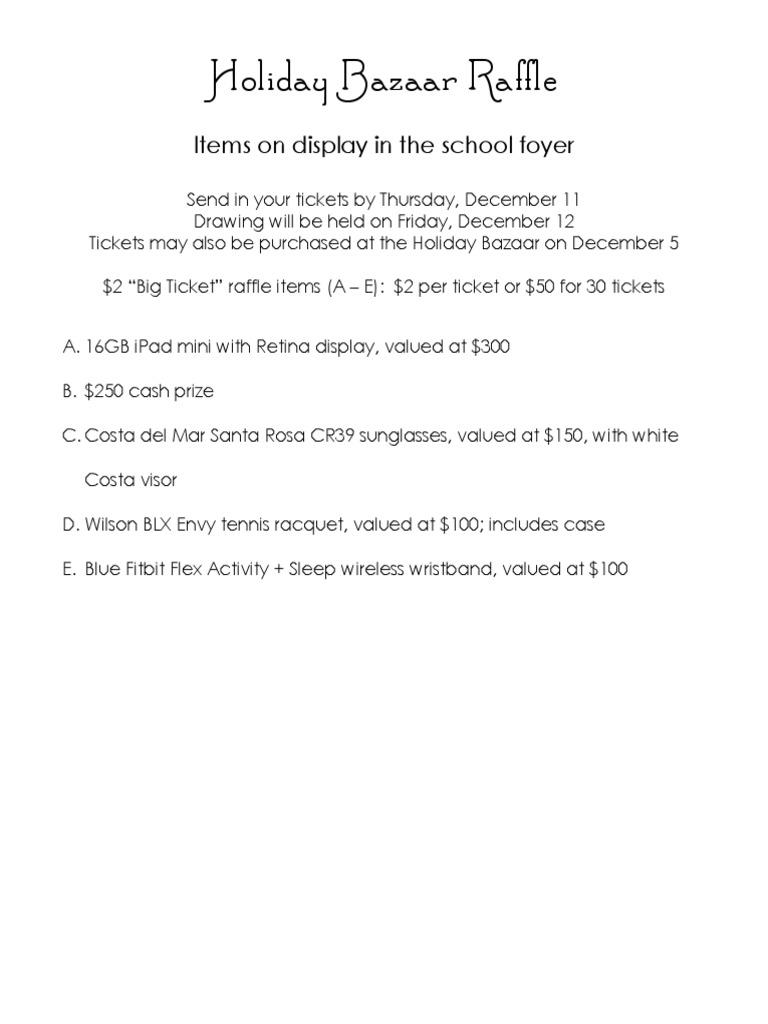 Holiday Bazaar Raffle Details | PDF