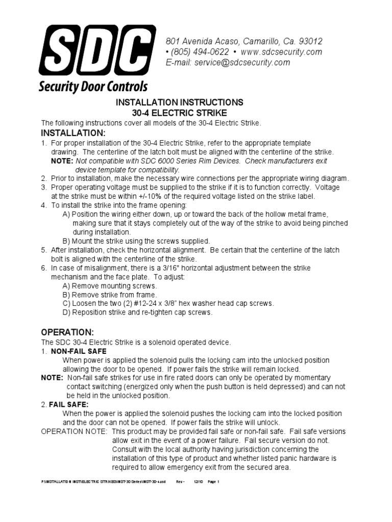 30-4 Electric Strike Installation Guide | PDF | Switch | Lock (Security ...