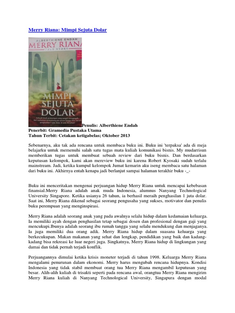 Sinopsis Buku Mimpi Sejuta Dolar Merry Riana - Info Terkait Buku
