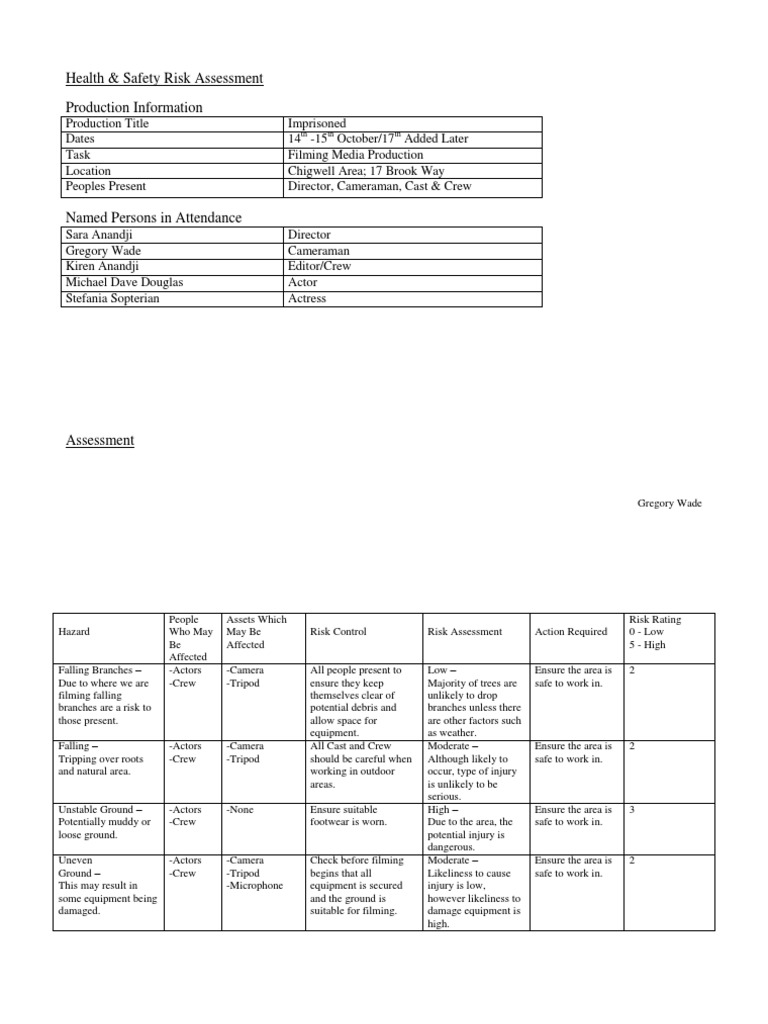 Health & Safety Risk Assessment | PDF
