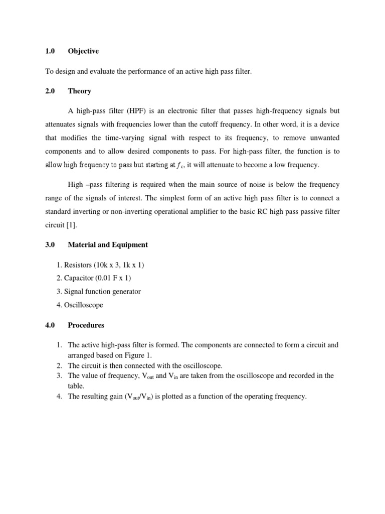 Active High Pass Filter Design and Analysis | PDF | Electronic Filter ...