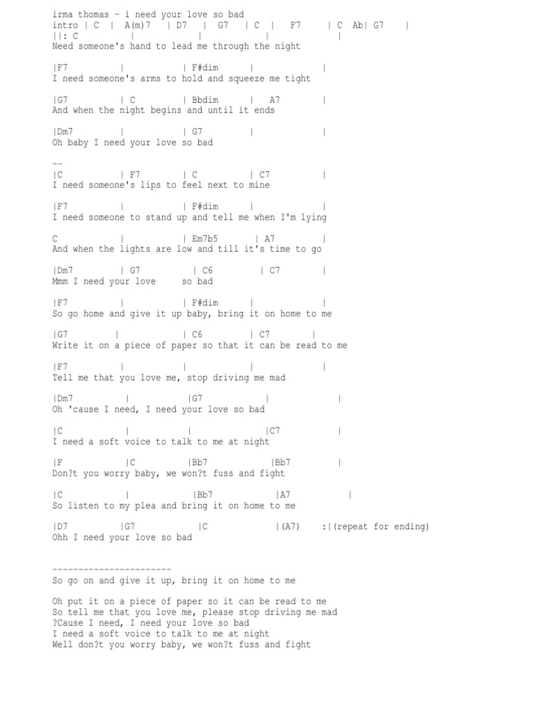 Irma Thomas i Need Your Love So Bad with chords Elements Of Music
