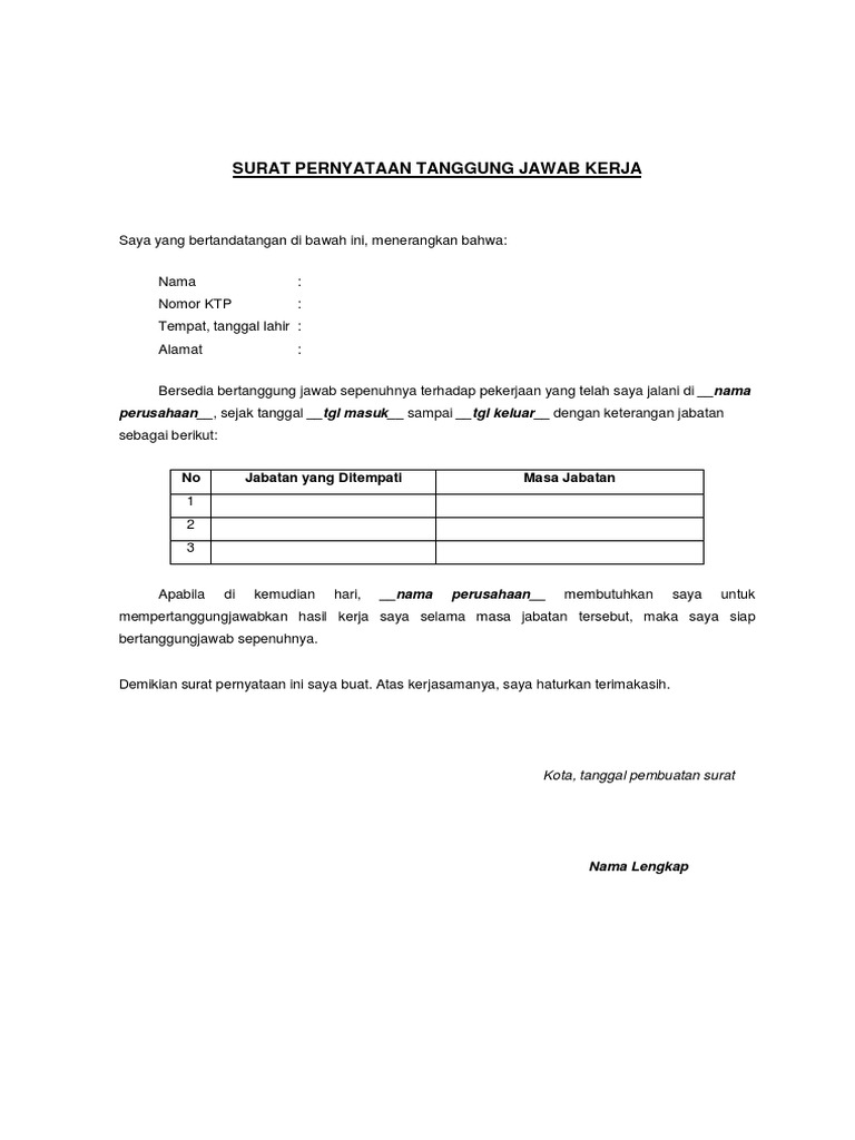 Surat Pernyataan Tanggung Jawab Kerja