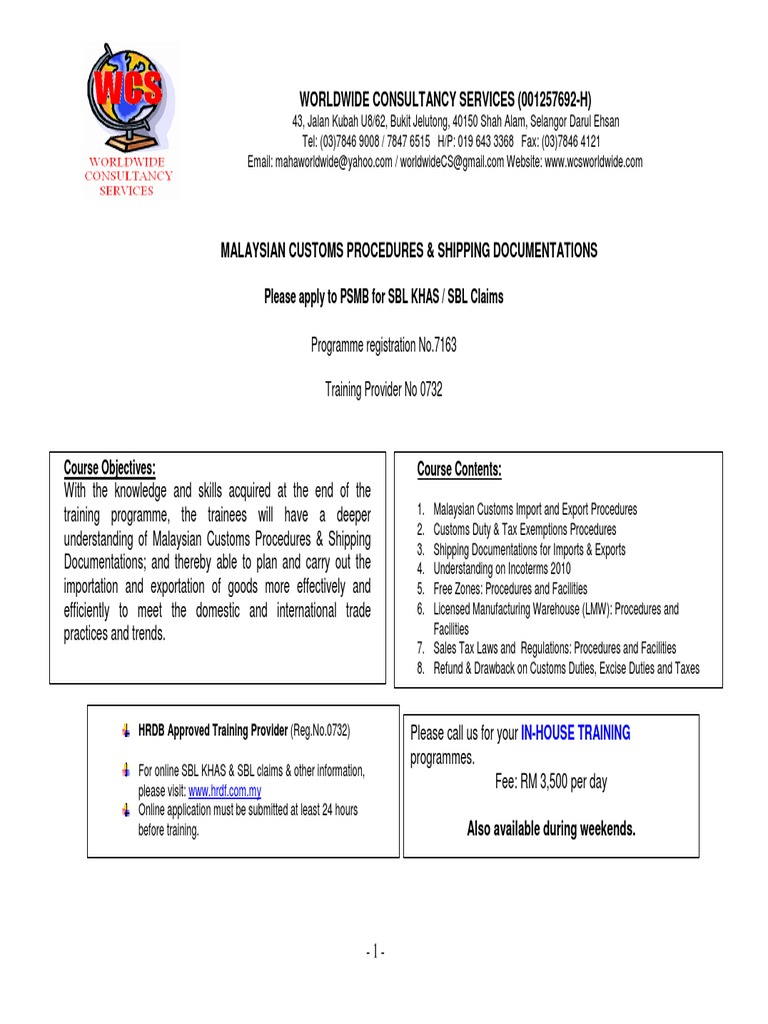 Malaysian Customs Procedures & Shipping Documentations Sbl Khas August