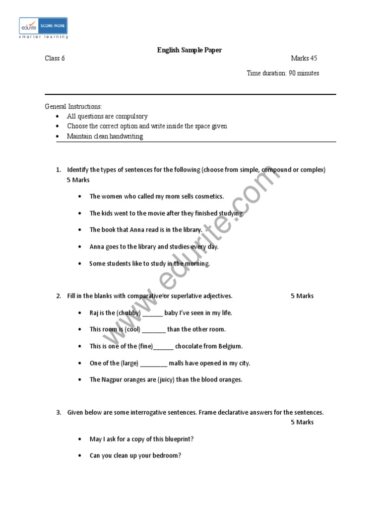 Class 6 English Grammar Sample Paper | PDF | Onomastics | Grammar