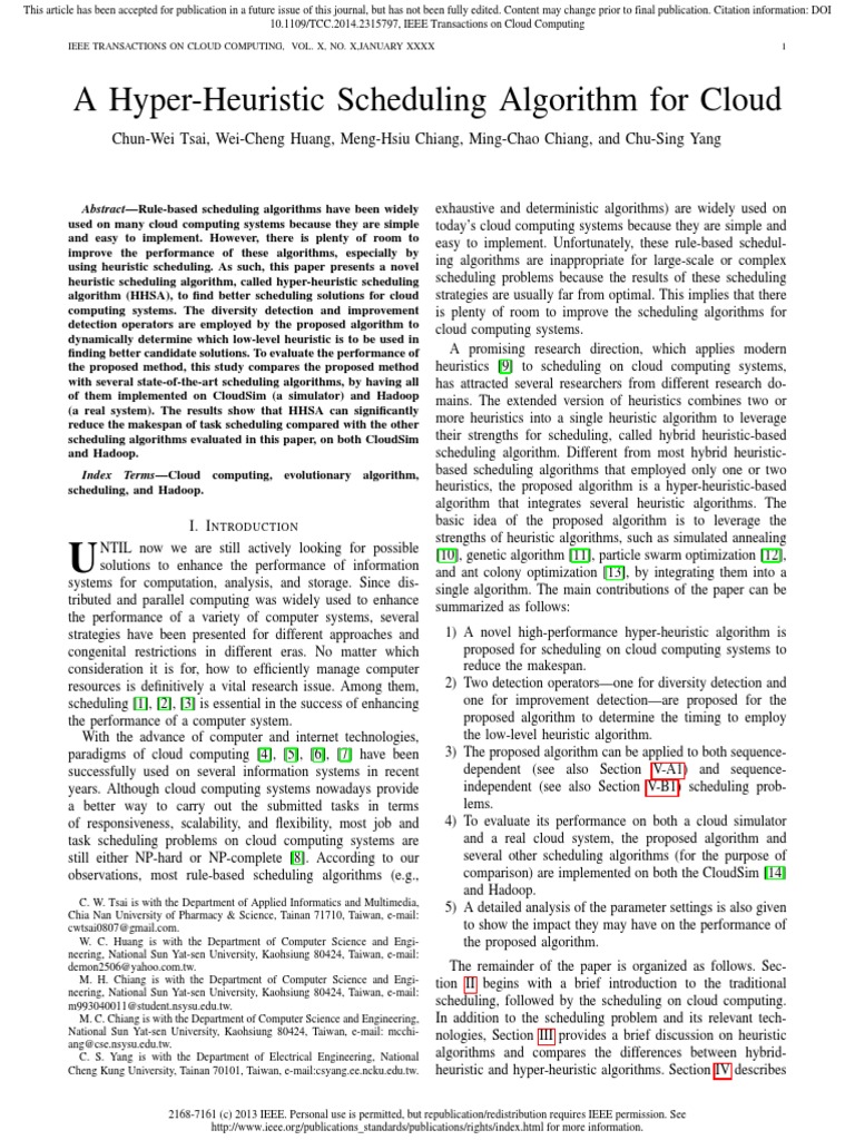 A Hyper-Heuristic Scheduling Algorithm For Cloud | PDF | Scheduling ...