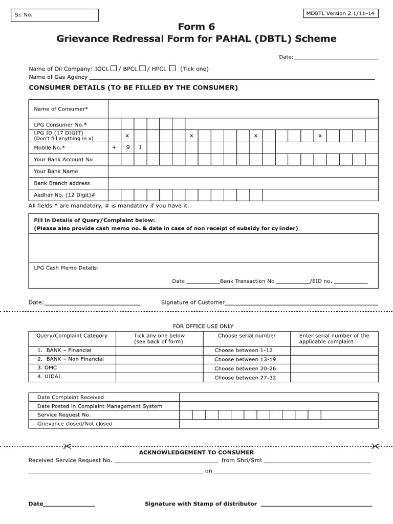 Grievance Redressal Form Form 6