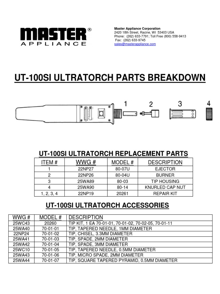 UT-100SI Ultratorch Parts Breakdown | PDF | Tools | Industrial Processes