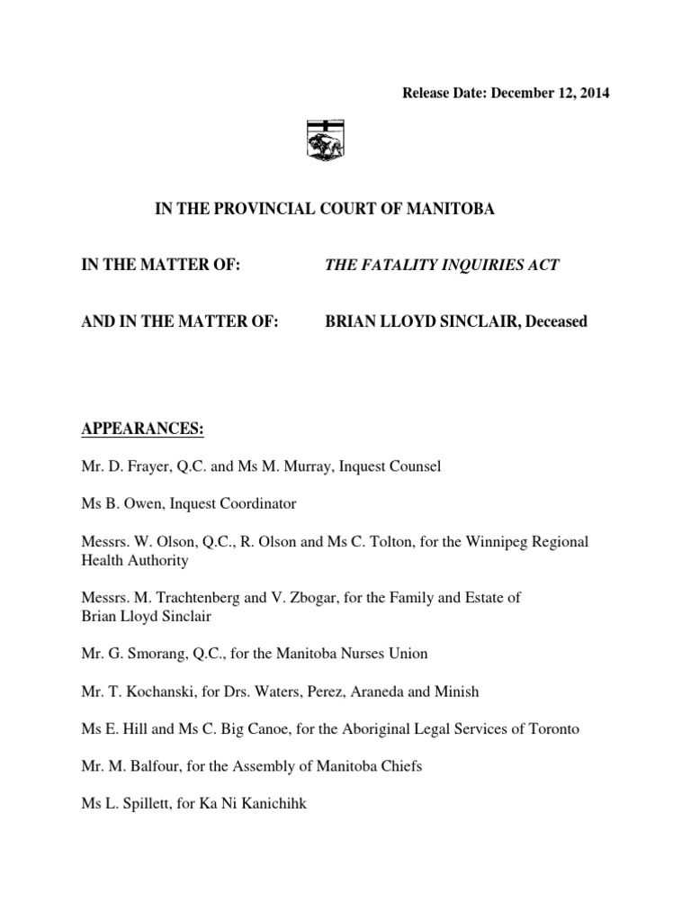 Brian Sinclair Inquest Findings | PDF