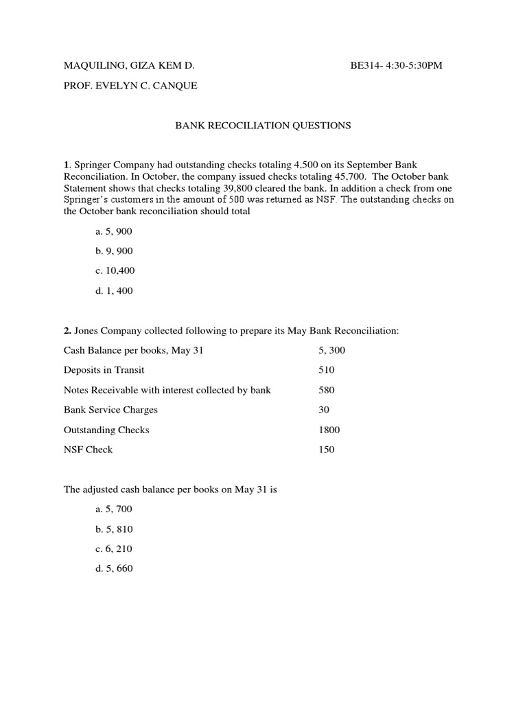 Bank Reconciliation Practice Questions | PDF