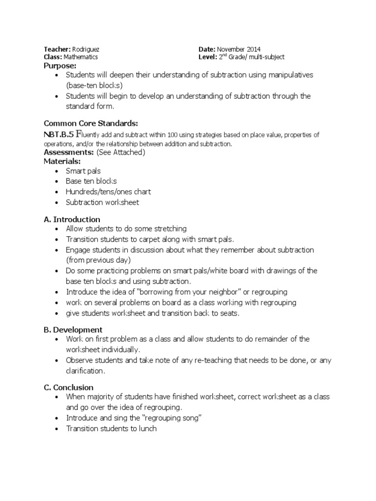2nd Grade Subtraction Lesson Plan | PDF