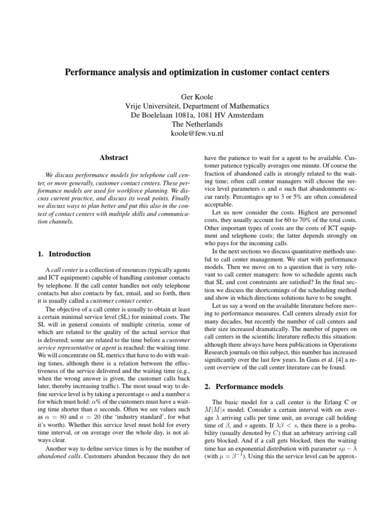 Performance Analysis and Optimization in Customer Contact Centers | PDF ...