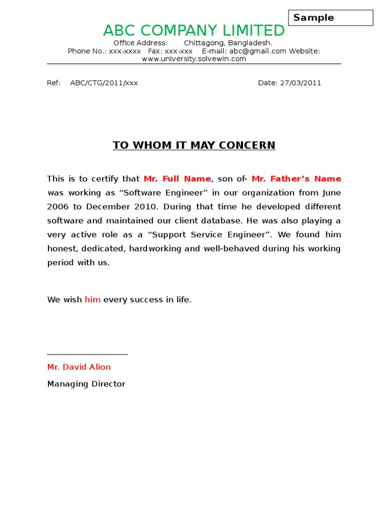 To Whomsoever It May Concern Experience Certificate Format Pdf