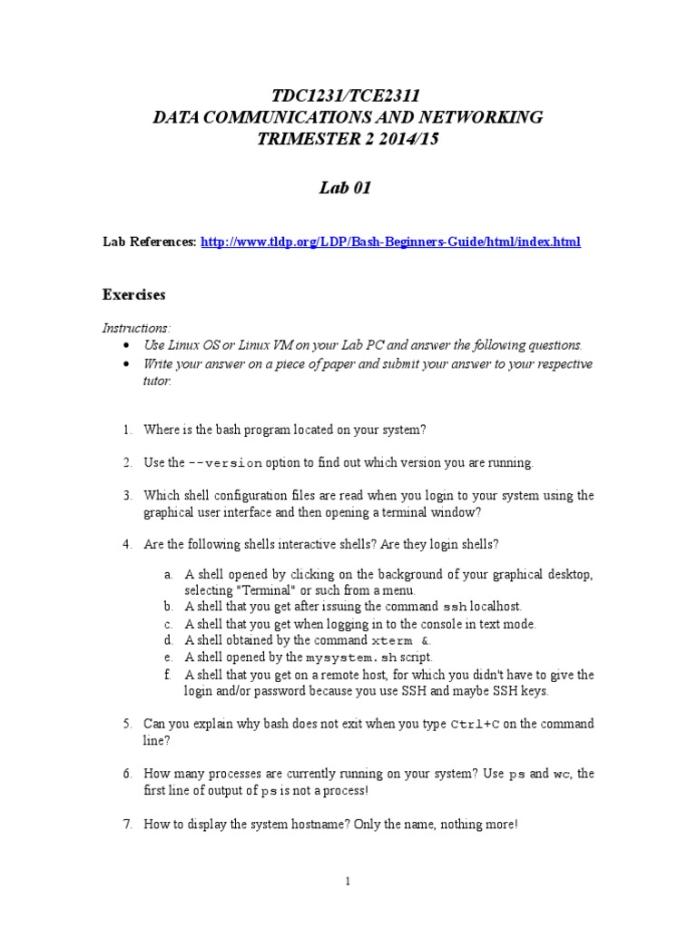 Lab 01: Bash Shell Exercises | PDF