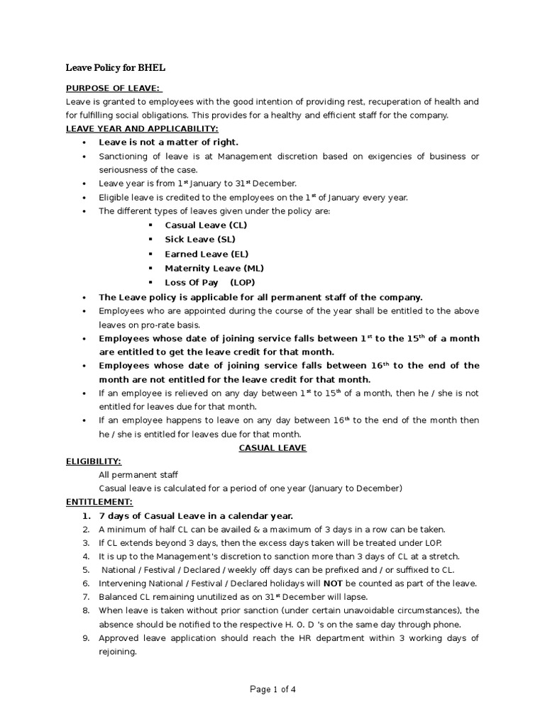 BHEL Leave Policy Overview | PDF | Employment | Common Law