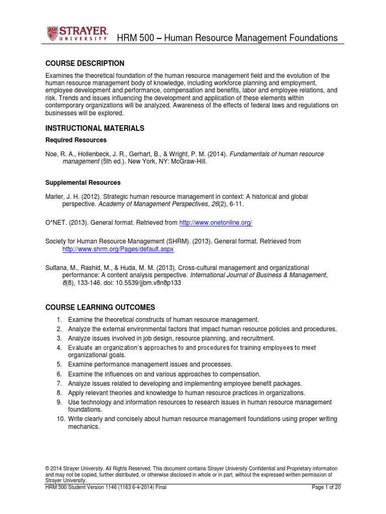 HRM 500 - Human Resource Management Foundations: Course Description ...