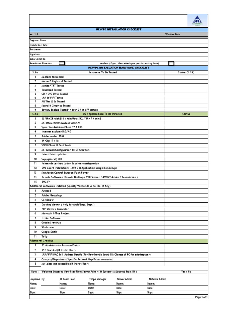 New PC Installation Checklist Ver 1 4 Operating System Remote