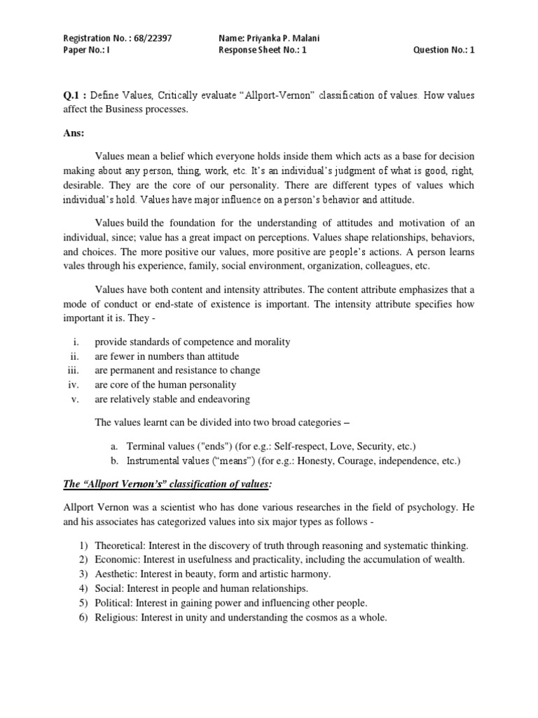 Q.1 Define Values, Critically Evaluate "AllportVernon" Classification