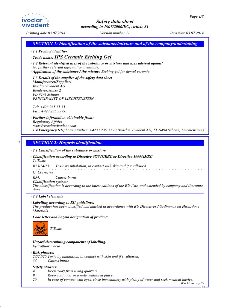 IPS Ceramic Etching Gel PDF Toxicity Personal Protective Equipment