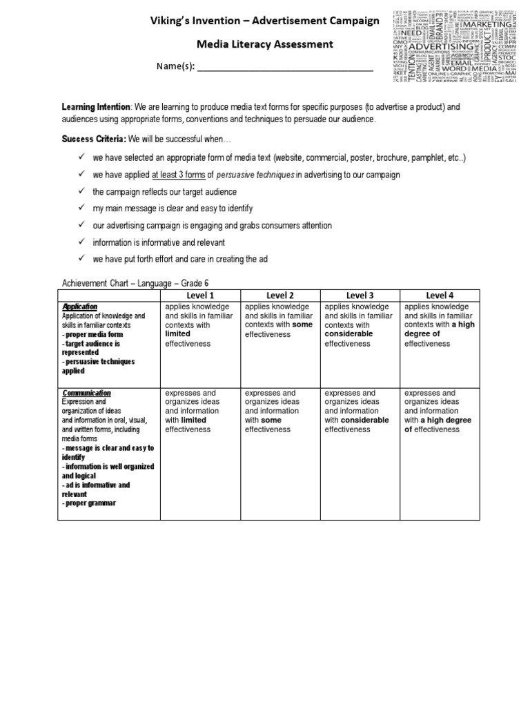 Media Literacy Vikings Invention Ad Campaign Assessment | PDF