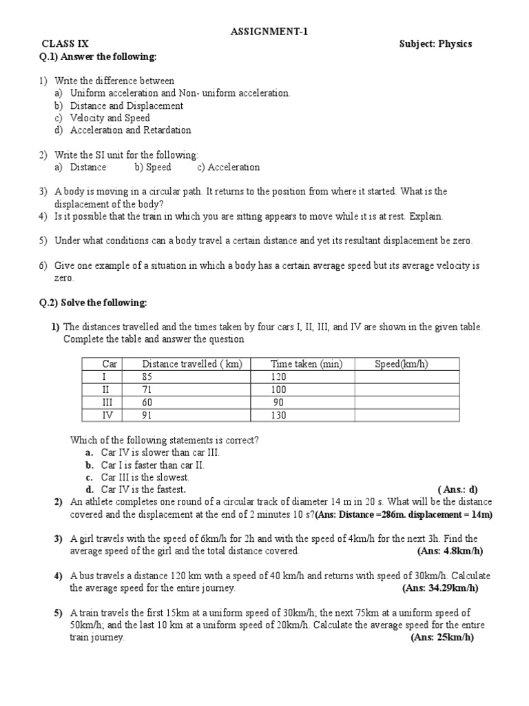 physics assignment for class 9