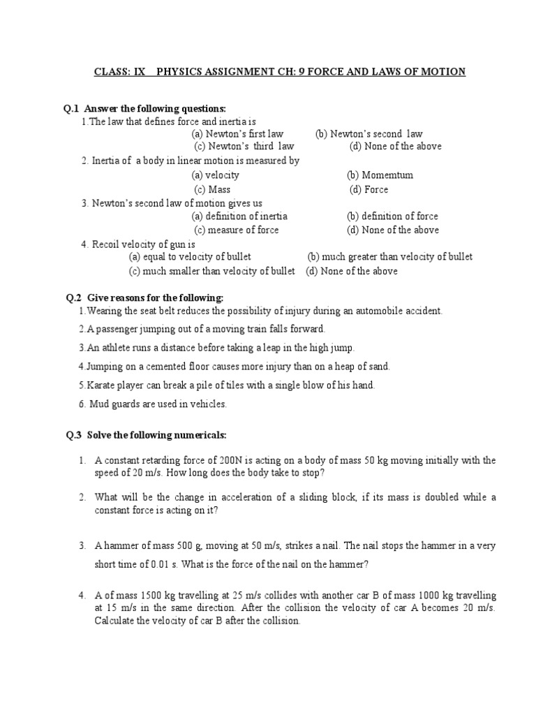 Class 9 physics assignment 2 picture