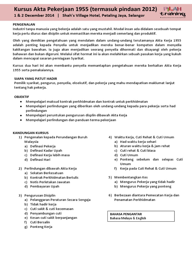 Kursus Akta Pekerjaan 1955 Termasuk Pindaan 2012 Pdf Manajemen Sumber Daya Manusia Malaysia