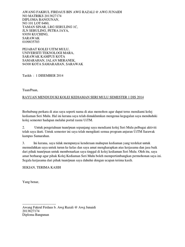 Contoh Surat Rasmi Kehilangan Kad Maktirk Uitm