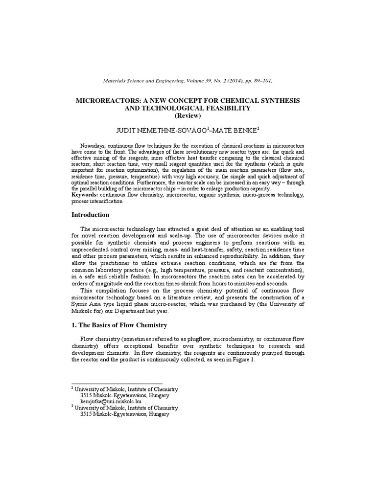Microreactors A New Concept For Chemical Synthesis And - 