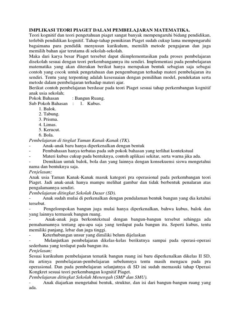 Implikasi Teori Piaget Dalam Pembelajaran Matematika Docx