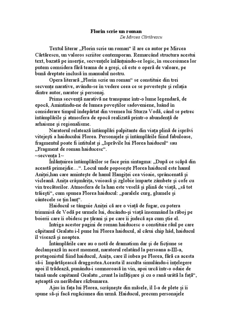 Florin Scrie Un Roman De Mircea Cartarescu Rezumat Pdf